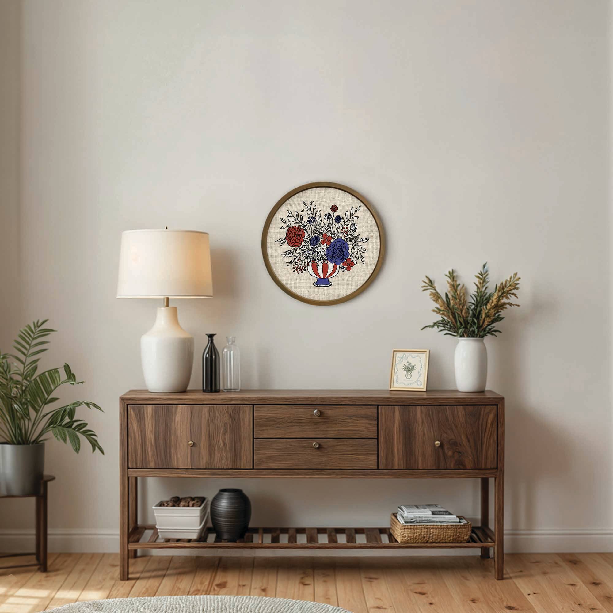 20" x 20" Red, White & Blue Florals Round Framed Print